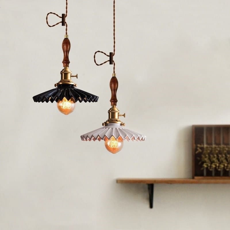 Glazed Ceramic Pendant LED Light in Pleated Tutu Shape - Bulb Included