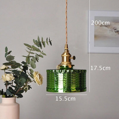 Shiny Green Glass Cylinder Pendant LED Light in Art Deco Style - Bulb Included