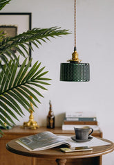 Shiny Green Glass Cylinder Pendant LED Light in Art Deco Style - Bulb Included