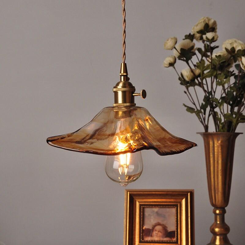 Tea Coloured Glass Pendant LED Light with Handkerchief Lampshade in Vintage Style - Bulb Included