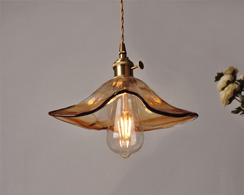 Tea Coloured Glass Pendant LED Light with Handkerchief Lampshade in Vintage Style - Bulb Included