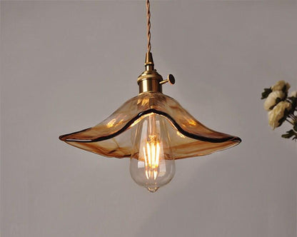 Tea Coloured Glass Pendant LED Light with Handkerchief Lampshade in Vintage Style - Bulb Included