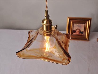 Tea Coloured Glass Pendant LED Light with Handkerchief Lampshade in Vintage Style - Bulb Included