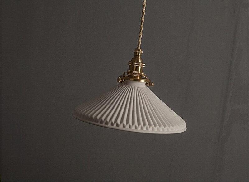 Japanese Ceramic Pendant LED Light in Pleated Hat Shape - Bulb Included