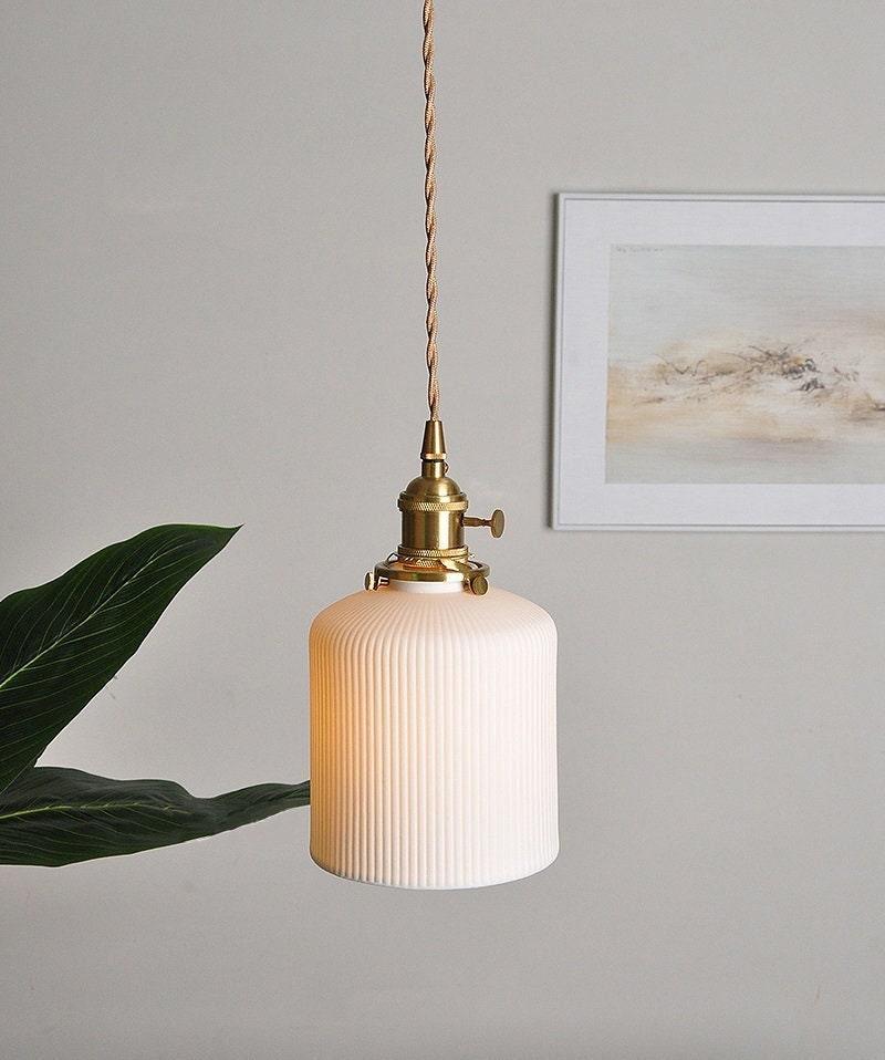 Ceramic Ribbed Pendant LED Light in Japanese Long Cylinder Shape - Bulb Included