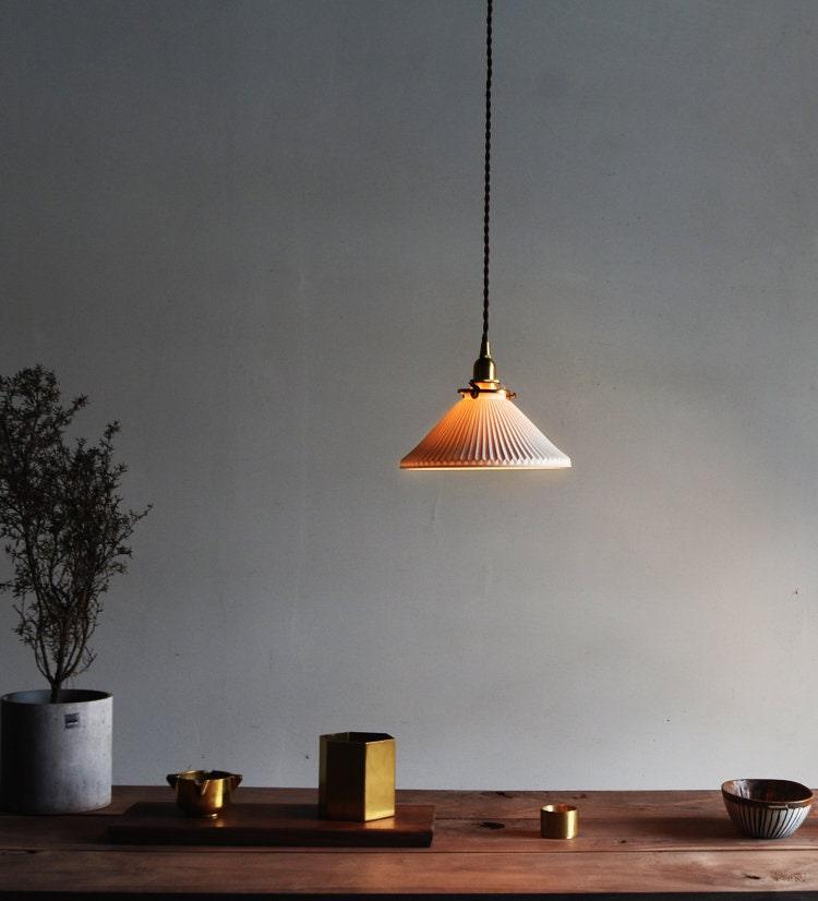 Ceramic Ribbed Pendant LED Light in Japanese Dome Shape - Bulb Included