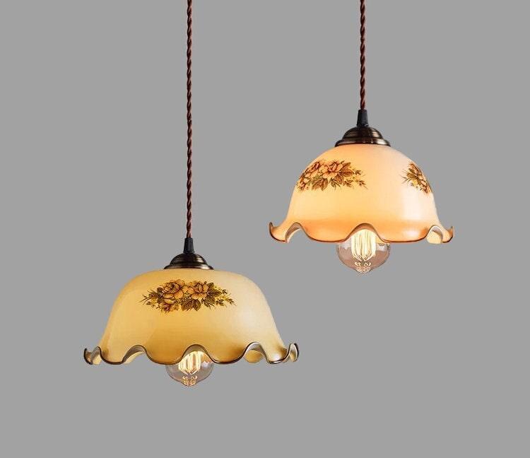 Floral Opaline Glass Pendant LED Light with Handkerchief Lampshade in French Vintage Style - Bulb Included