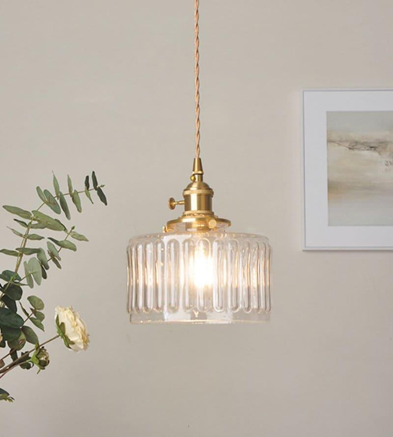 Fluted Glass Short Cylinder Pendant LED Light in Vintage Style - Bulb Included