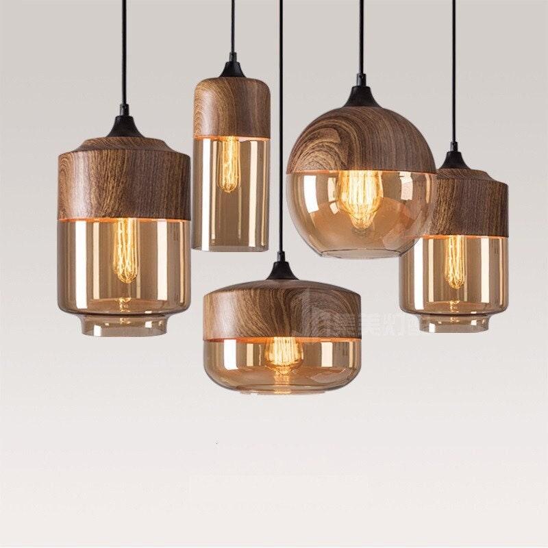 Nordic Woody Metal Pendant LED Light with Tea Colored Glass Shade - Bulb Included