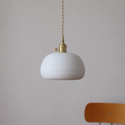 Ceramic Ribbed Pendant LED Light in Japanese Dome Shape - Bulb Included