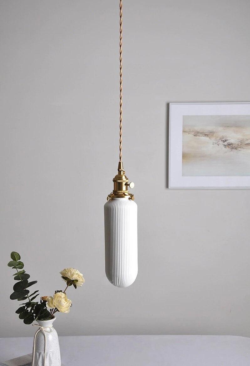 Ceramic Ribbed Pendant LED Light in Japanese Tube Shape - Bulb Included