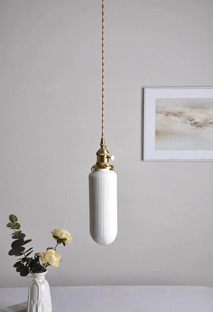 Ceramic Ribbed Pendant LED Light in Japanese Tube Shape - Bulb Included