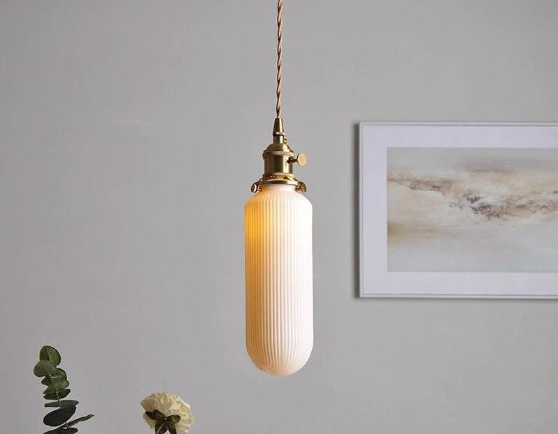 Ceramic Ribbed Pendant LED Light in Japanese Tube Shape - Bulb Included