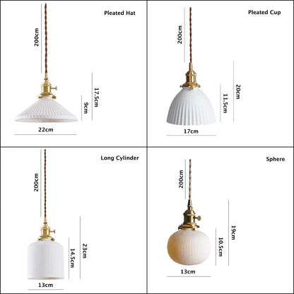 Ceramic Ribbed Pendant LED Light in Japanese Sphere Shape - Bulb Included