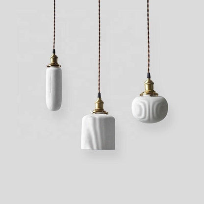 Ceramic Ribbed Pendant LED Light in Japanese Sphere Shape - Bulb Included