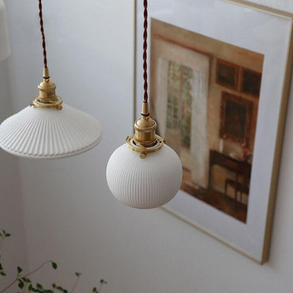 Ceramic Ribbed Pendant LED Light in Japanese Sphere Shape - Bulb Included