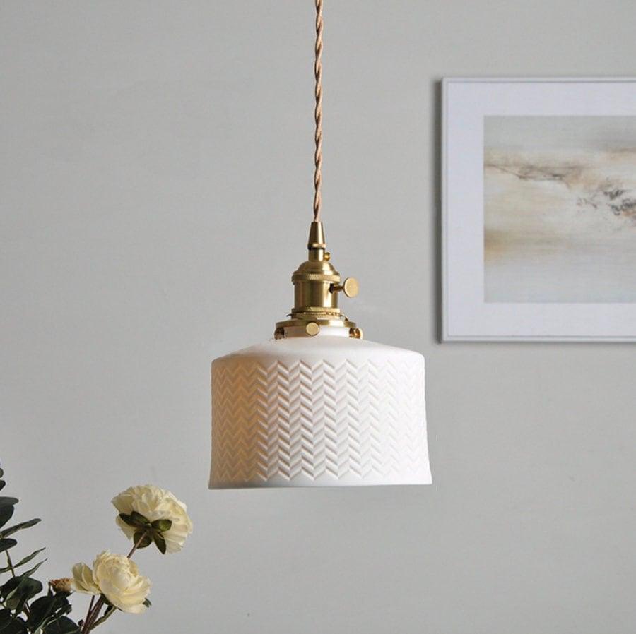 Ceramic Ribbed Pendant LED Light in Japanese Zigzag Cylinder Shape - Bulb Included