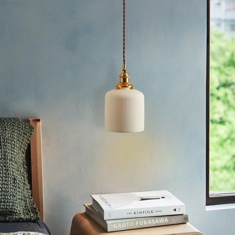 Ceramic Ribbed Pendant LED Light in Japanese Long Cylinder Shape - Bulb Included