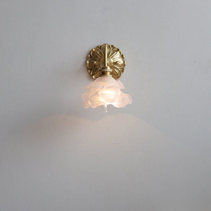 Frosted Layered Glass Flower Wall Light with Brushed Brass Carved Flower Lamp Fixture - Bulb Included