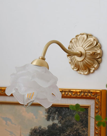 Frosted Layered Glass Flower Wall Light with Brushed Brass Carved Flower Lamp Fixture - Bulb Included