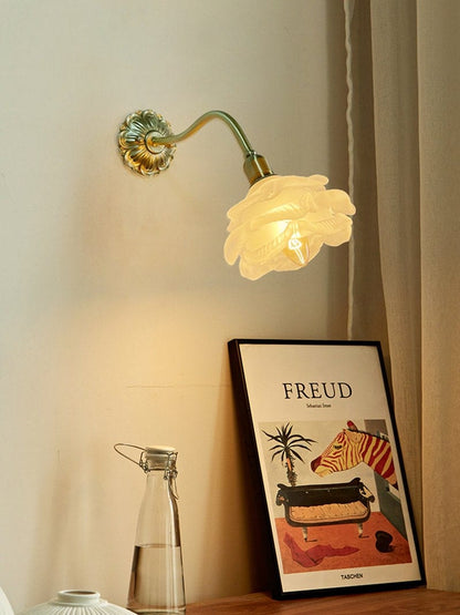 Frosted Layered Glass Flower Wall Light with Brushed Brass Carved Flower Lamp Fixture - Bulb Included