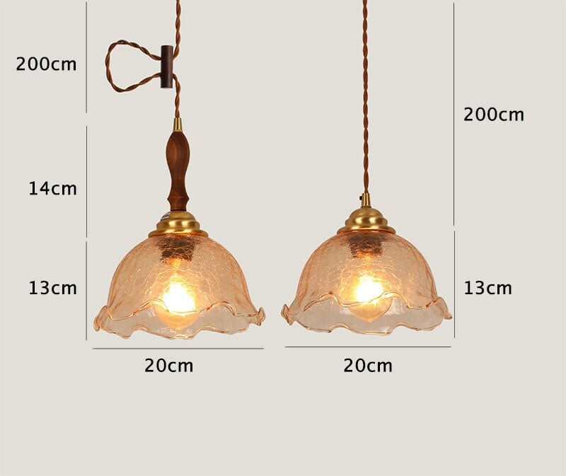 Cracked Tea Glass Pendant LED Light with Wooden Handle in Vintage Style - Bulb Included