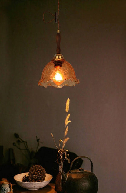 Cracked Tea Glass Pendant LED Light with Wooden Handle in Vintage Style - Bulb Included