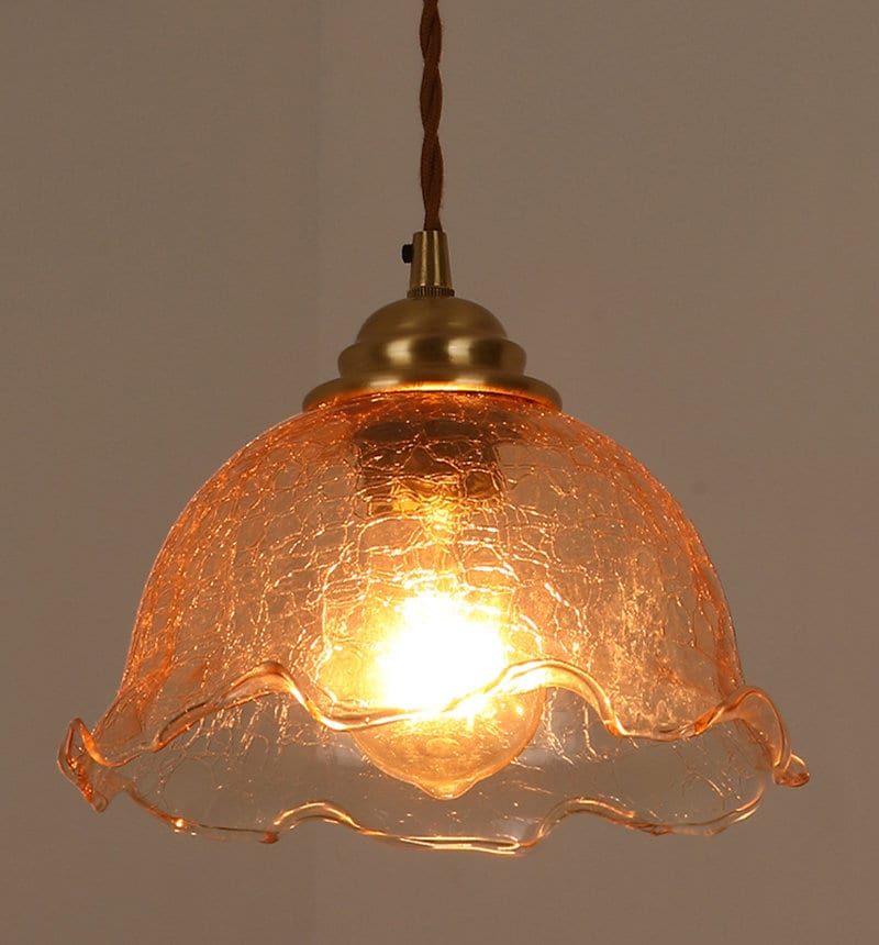 Cracked Tea Glass Pendant LED Light with Wooden Handle in Vintage Style - Bulb Included