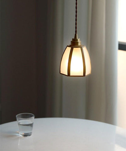 Frosted Glass Pendant LED Light with Brass Frame in Vintage Style - Bulb Included