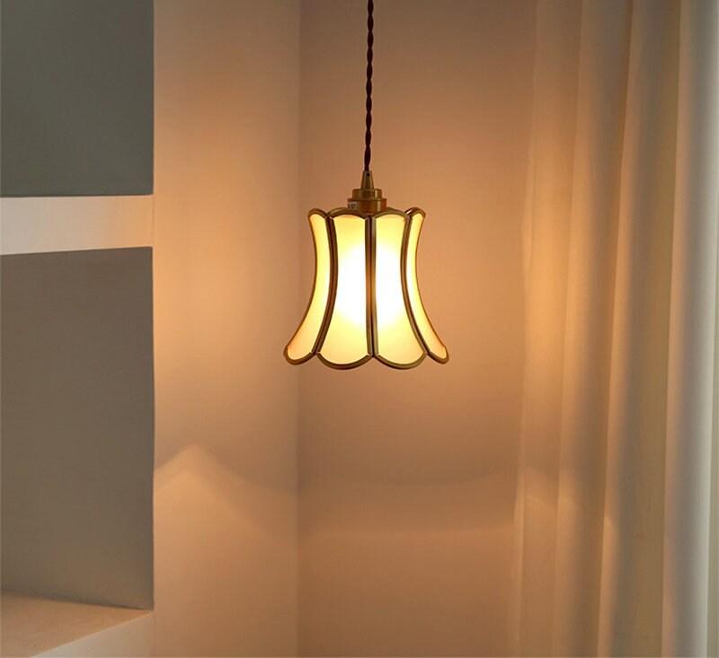 Frosted Glass Pendant LED Light with Brass Frame in Vintage Style - Bulb Included