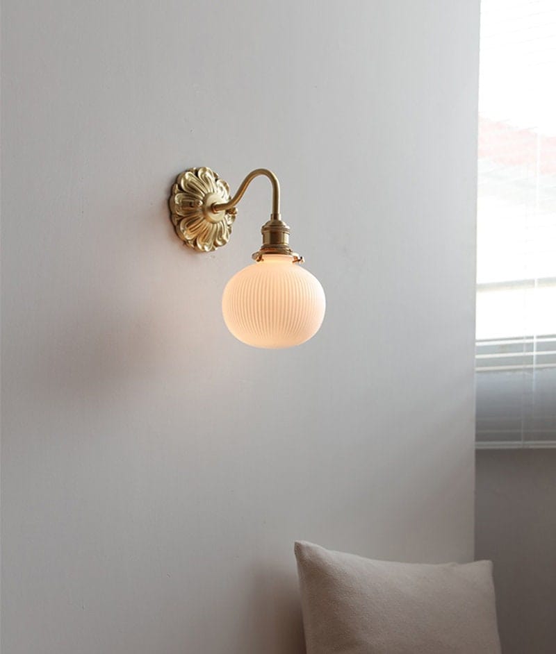 Ribbed Ceramic Ball Shaped Wall Light with Brushed Brass Carved Flower Lamp Fixture - Bulb Included