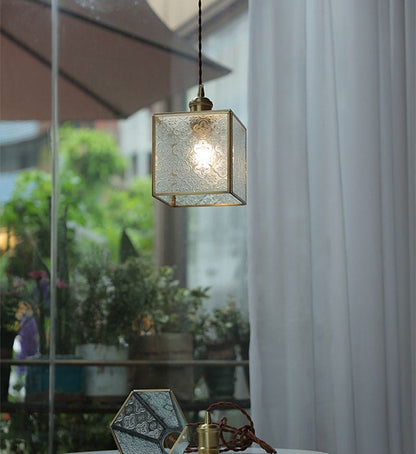 Patterned Glass Pendant LED Light with Golden Brass Frame in Vintage Style - Bulb Included