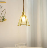 Patterned Glass Pendant LED Light with Golden Brass Frame in Vintage Style - Bulb Included