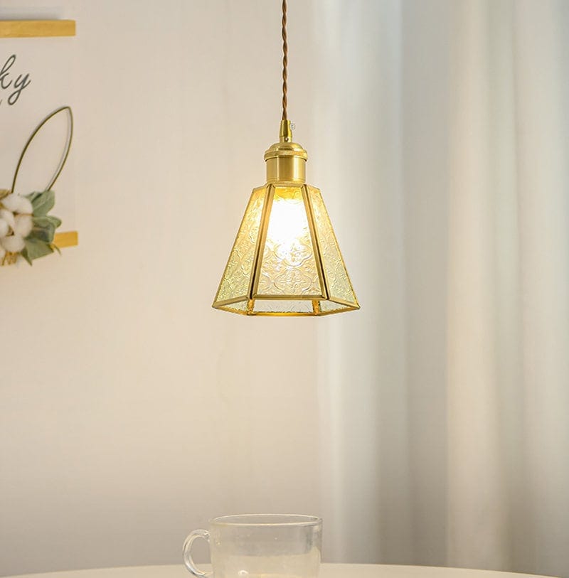 Patterned Glass Pendant LED Light with Golden Brass Frame in Vintage Style - Bulb Included