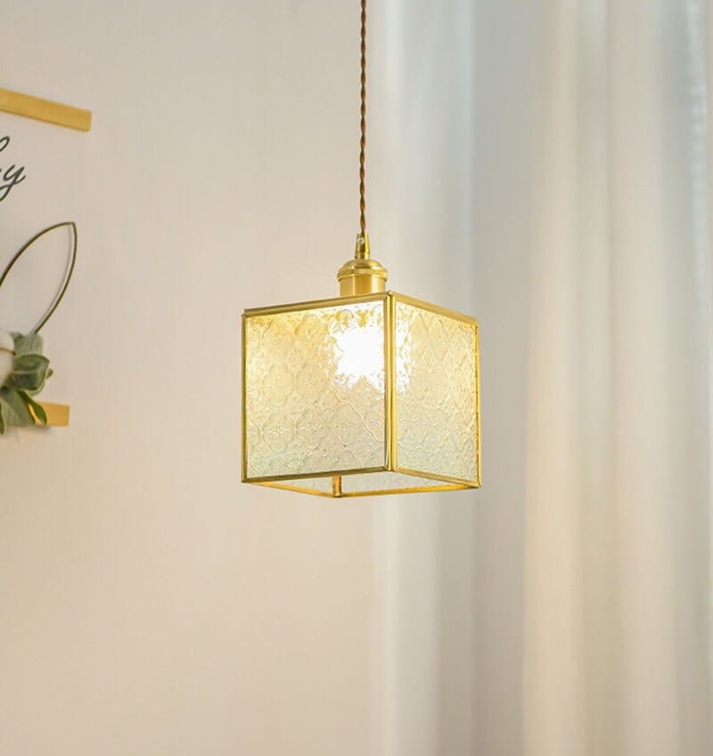 Patterned Glass Pendant LED Light with Golden Brass Frame in Vintage Style - Bulb Included