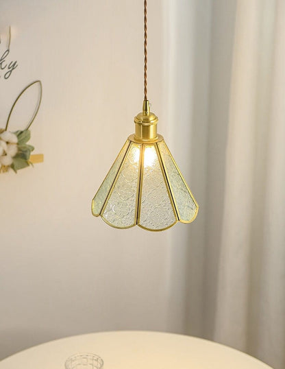 Patterned Glass Pendant LED Light with Golden Brass Frame in Vintage Style - Bulb Included