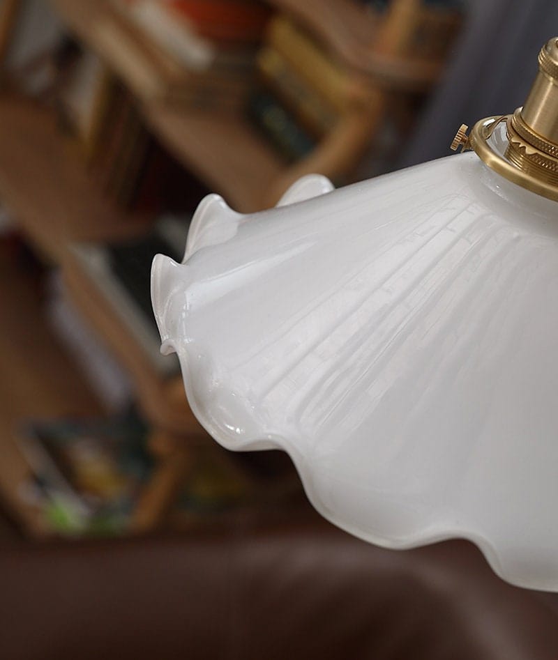 White Opaline Glass Flower Pendant LED Light with Brushed Brass Lamp Holder in Vintage Style - Bulb Included