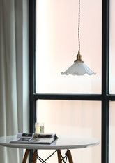 White Opaline Glass Flower Pendant LED Light with Brushed Brass Lamp Holder in Vintage Style - Bulb Included