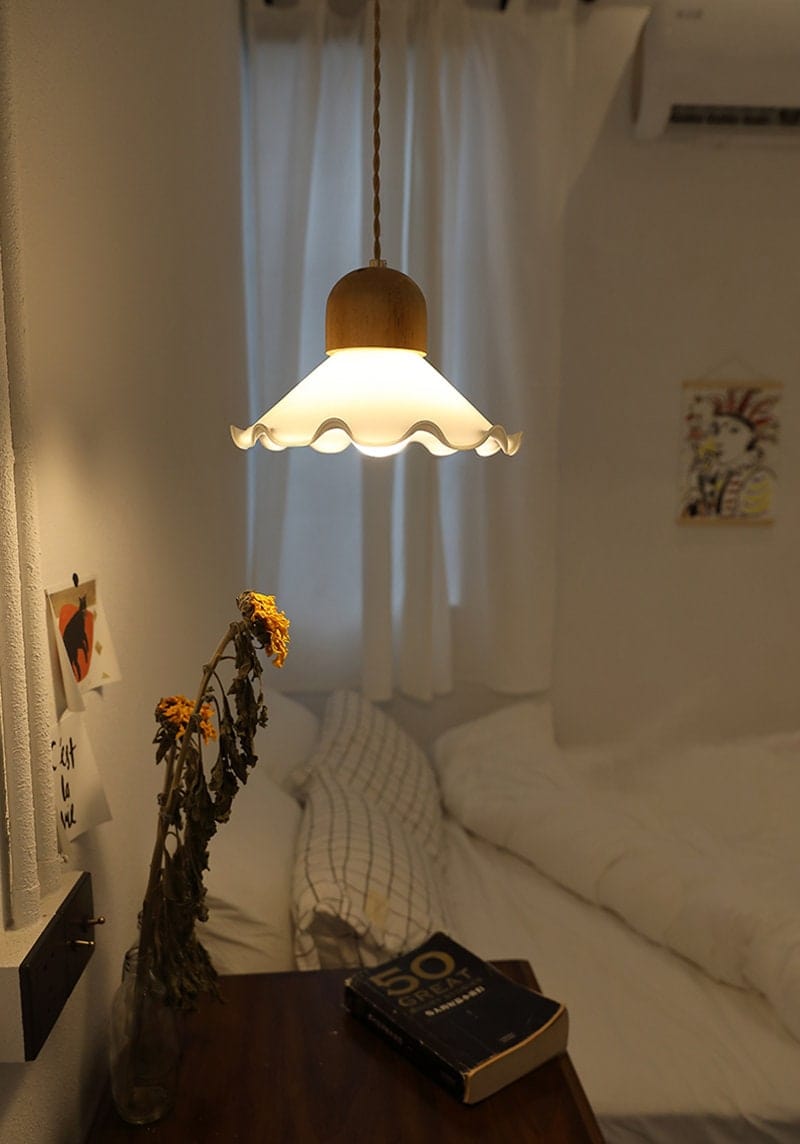 White Opaline Glass Flower Pendant LED Light with Oak Wood Lamp Holder in Vintage Style - Bulb Included