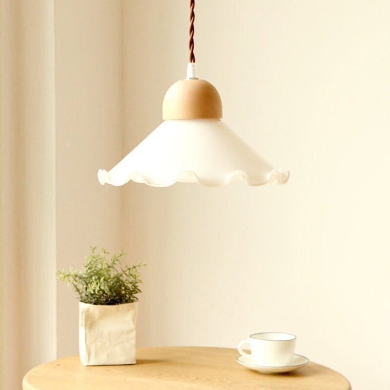 White Opaline Glass Flower Pendant LED Light with Brushed Brass Lamp Holder in Vintage Style - Bulb Included