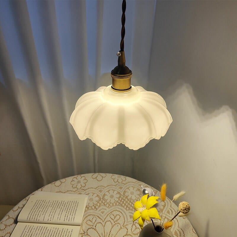 White Opaline Glass Lotus Flower Pendant LED Light with Brushed Brass Lamp Holder in Vintage Style - Bulb Included