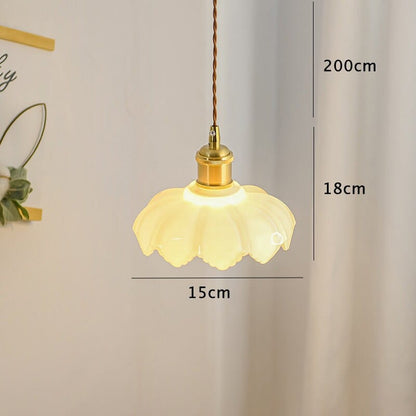 White Opaline Glass Lotus Flower Pendant LED Light with Brushed Brass Lamp Holder in Vintage Style - Bulb Included