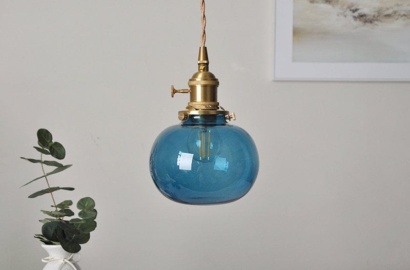 Handmade Blue Glass Ball Pendant LED Light in Vintage Style - Bulb Included