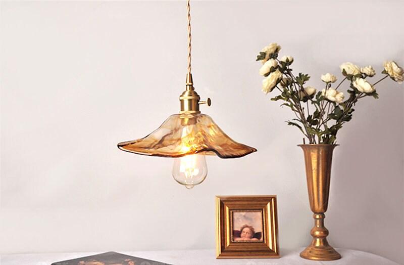 Tea Coloured Glass Pendant LED Light with Handkerchief Lampshade in Vintage Style - Bulb Included