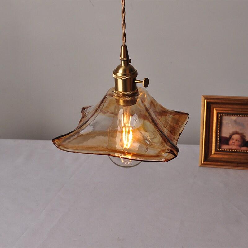 Tea Coloured Glass Pendant LED Light with Handkerchief Lampshade in Vintage Style - Bulb Included