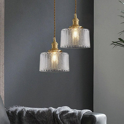 Glass Zigzag Cylinder Pendant LED Light in Vintage Style - Bulb Included