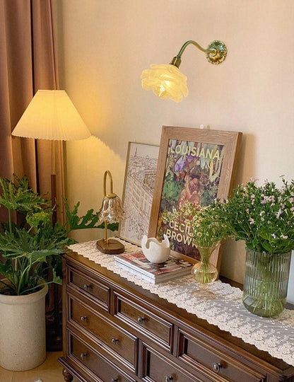 Frosted Layered Glass Flower Wall Light with Brushed Brass Carved Flower Lamp Fixture - Bulb Included