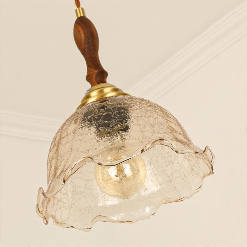 Cracked Tea Glass Pendant LED Light with Wooden Handle in Vintage Style - Bulb Included