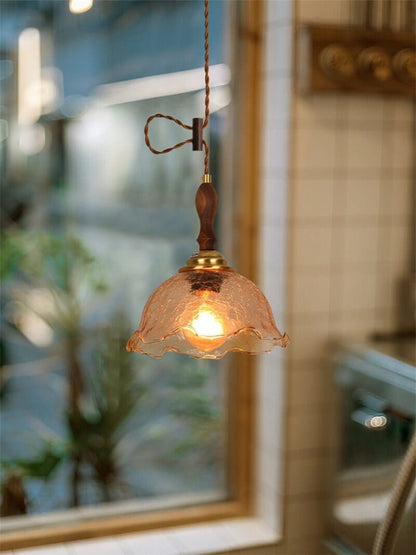 Cracked Tea Glass Pendant LED Light with Wooden Handle in Vintage Style - Bulb Included