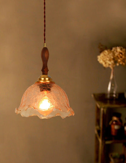 Cracked Tea Glass Pendant LED Light with Wooden Handle in Vintage Style - Bulb Included